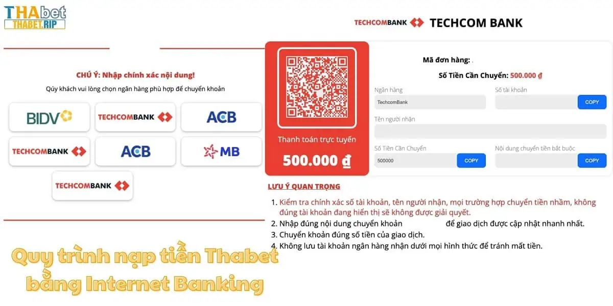 Nạp tiền Thabet qua Internet Banking chỉ với 6 bước