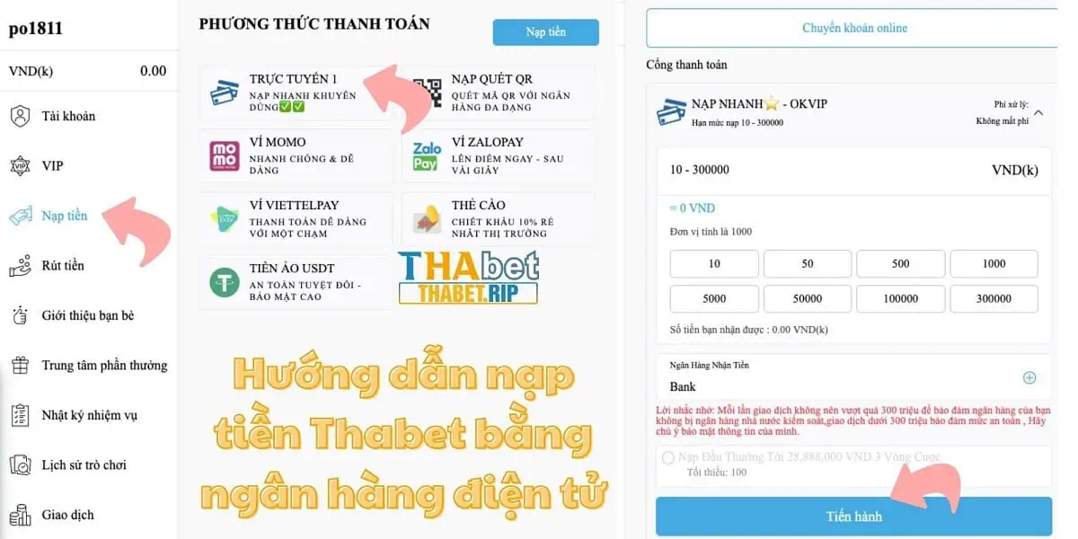 Nạp tiền Thabet qua ngân hàng điện tử