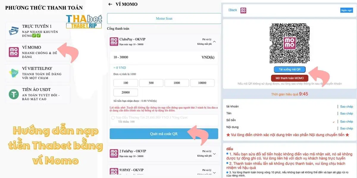 Nạp tiền Thabet qua ví Momo dễ dàng