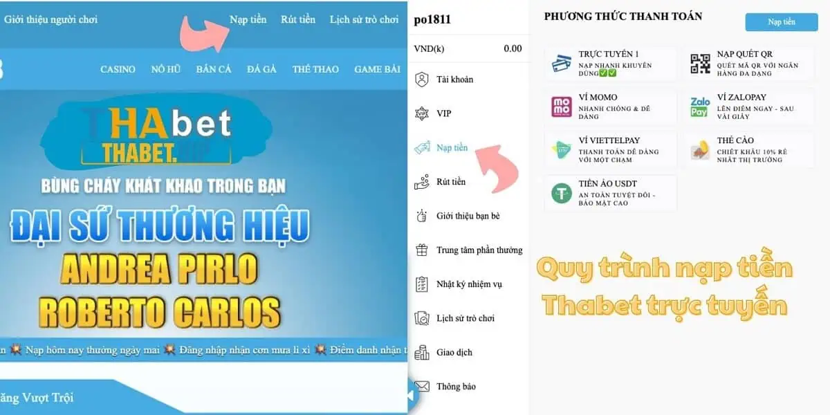 Giao diện nạp tiền Thabet